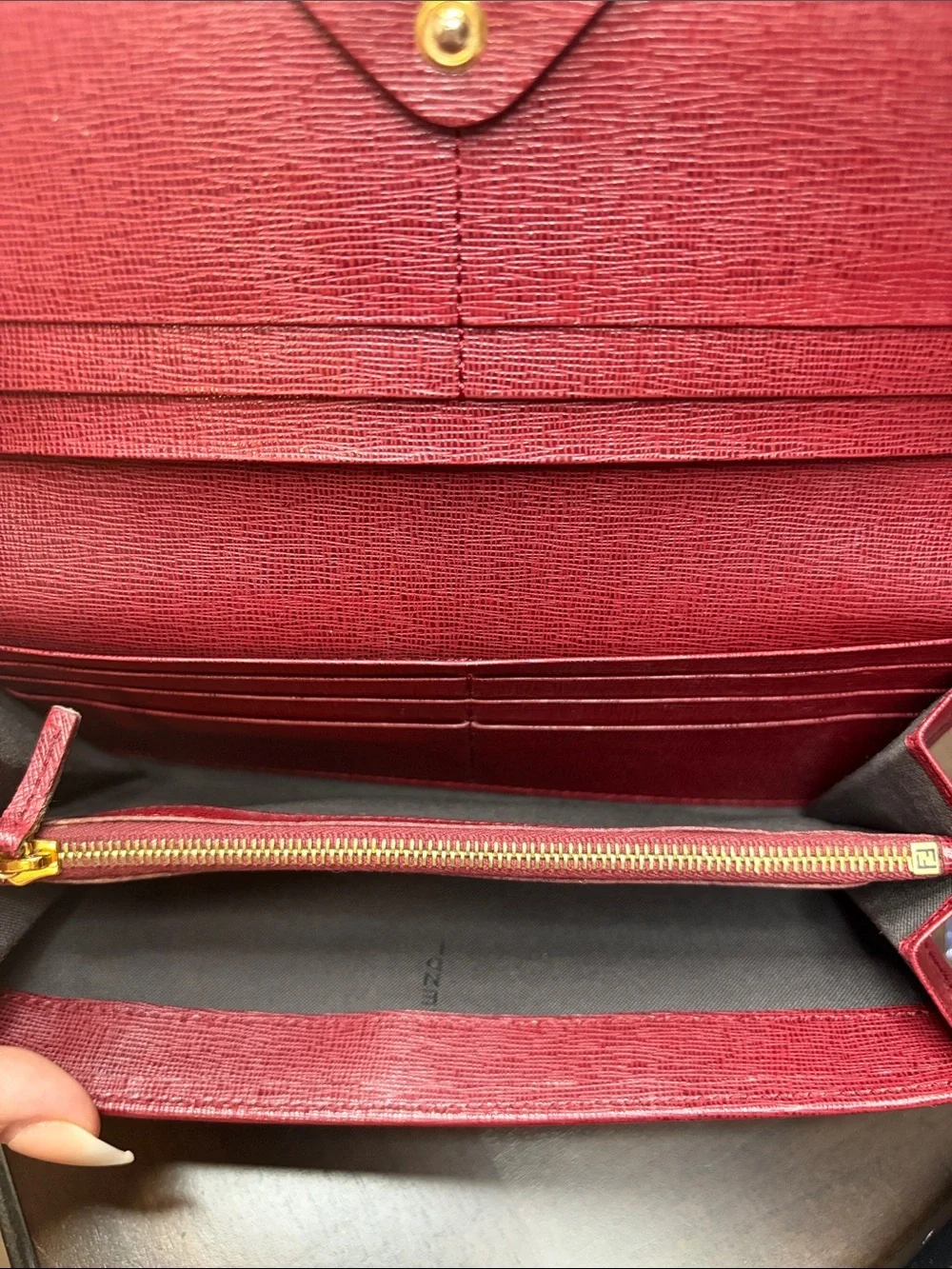 Fendi Burgundy Textured Leather Continental Wallet with Gold Plate with COA